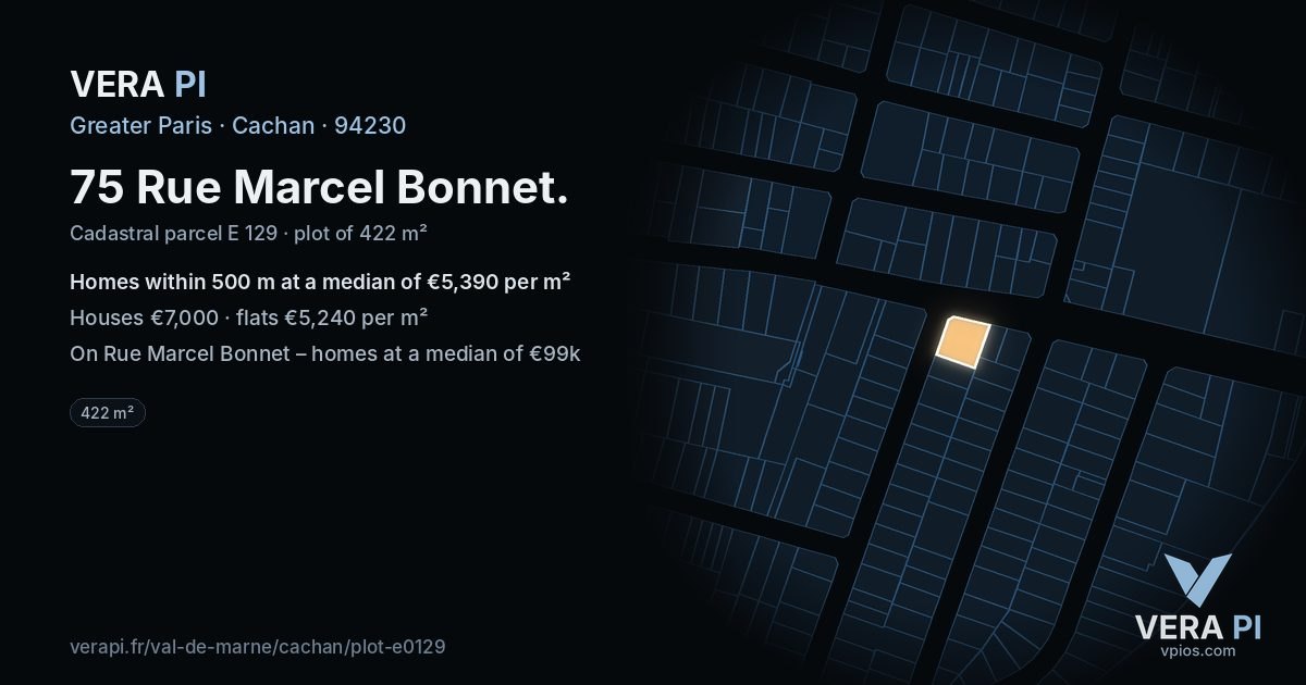 75 Rue Marcel Bonnet, Cachan at night – the plot lit, the parcels around coloured by the prices near them
