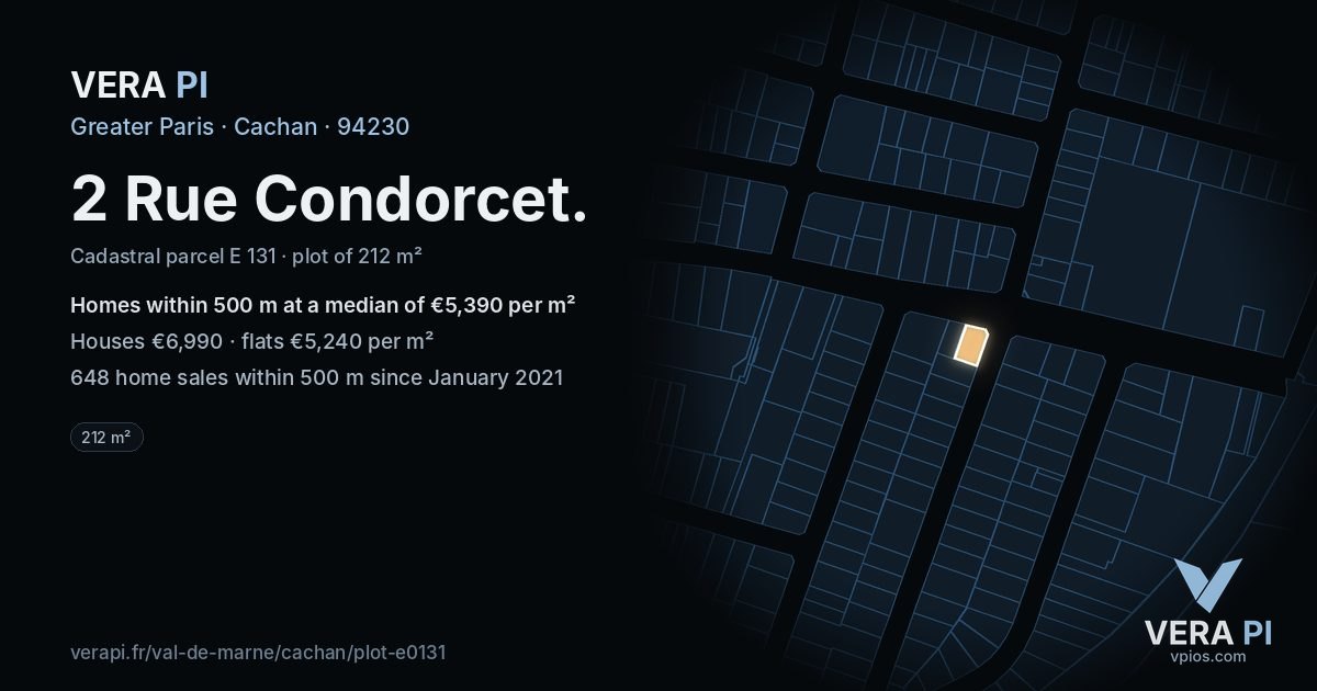 2 Rue Condorcet, Cachan at night – the plot lit, the parcels around coloured by the prices near them