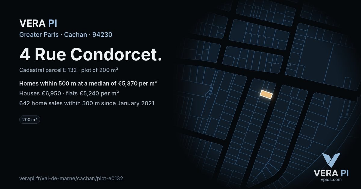 4 Rue Condorcet, Cachan at night – the plot lit, the parcels around coloured by the prices near them