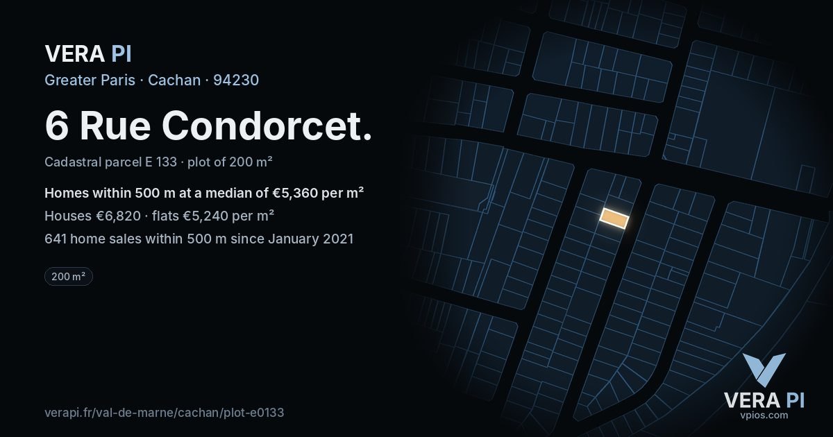 6 Rue Condorcet, Cachan at night – the plot lit, the parcels around coloured by the prices near them