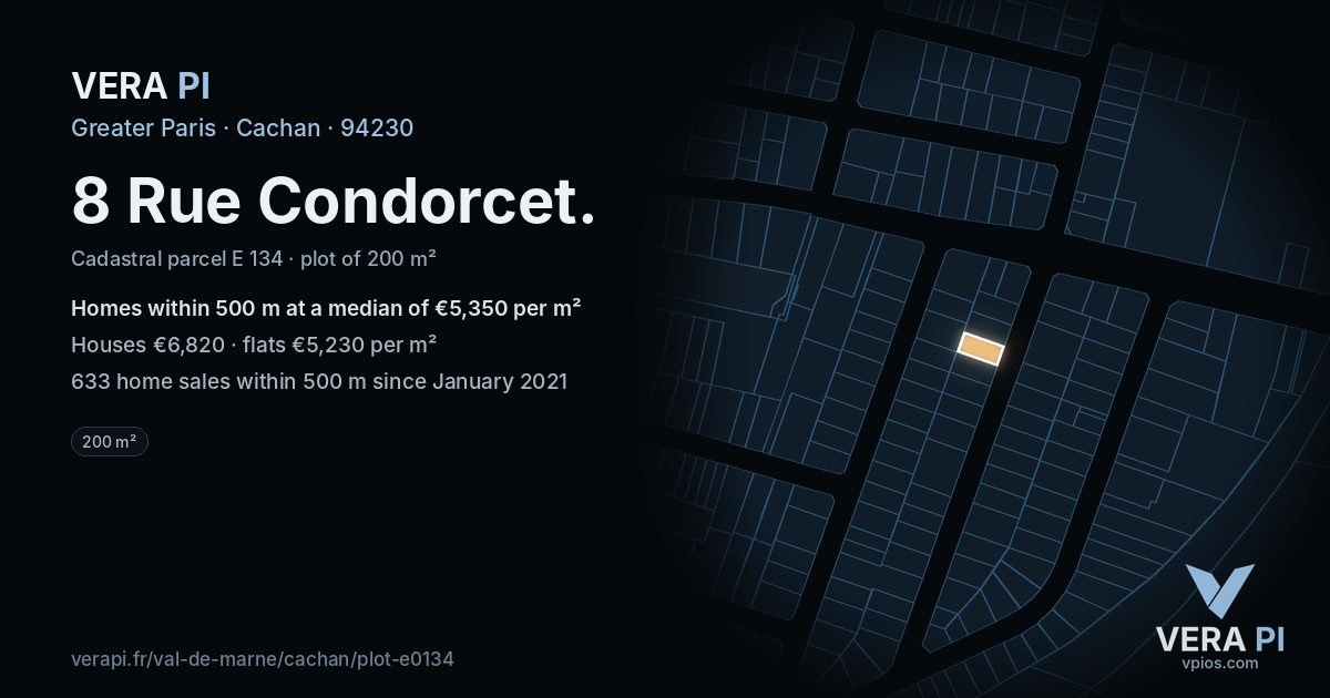 8 Rue Condorcet, Cachan at night – the plot lit, the parcels around coloured by the prices near them