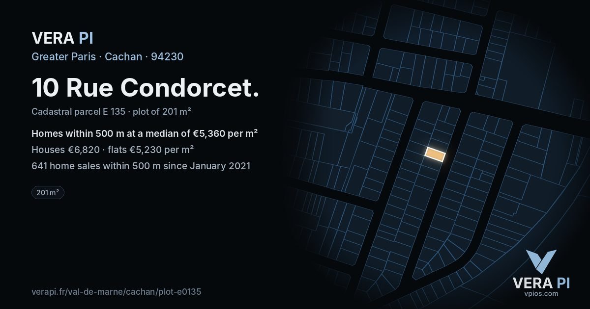 10 Rue Condorcet, Cachan at night – the plot lit, the parcels around coloured by the prices near them