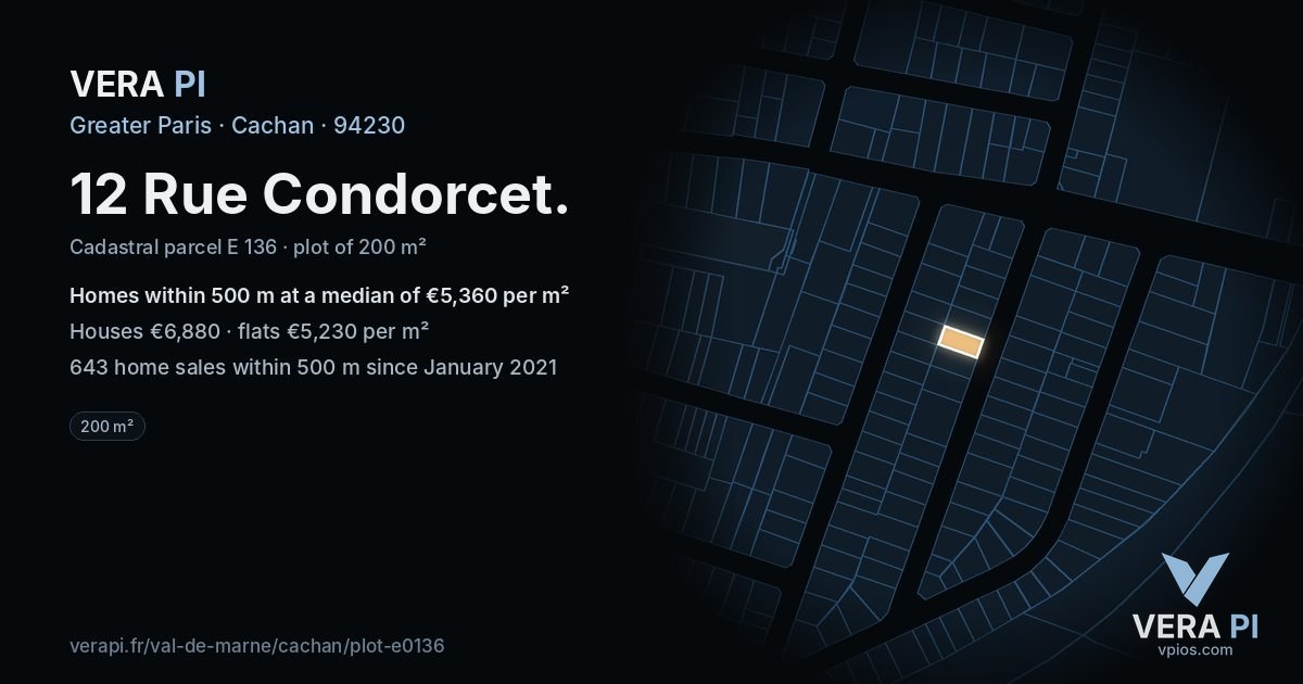 12 Rue Condorcet, Cachan at night – the plot lit, the parcels around coloured by the prices near them
