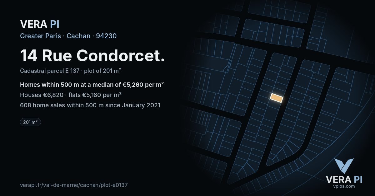 14 Rue Condorcet, Cachan at night – the plot lit, the parcels around coloured by the prices near them