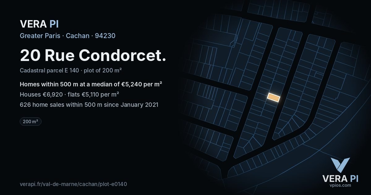 20 Rue Condorcet, Cachan at night – the plot lit, the parcels around coloured by the prices near them