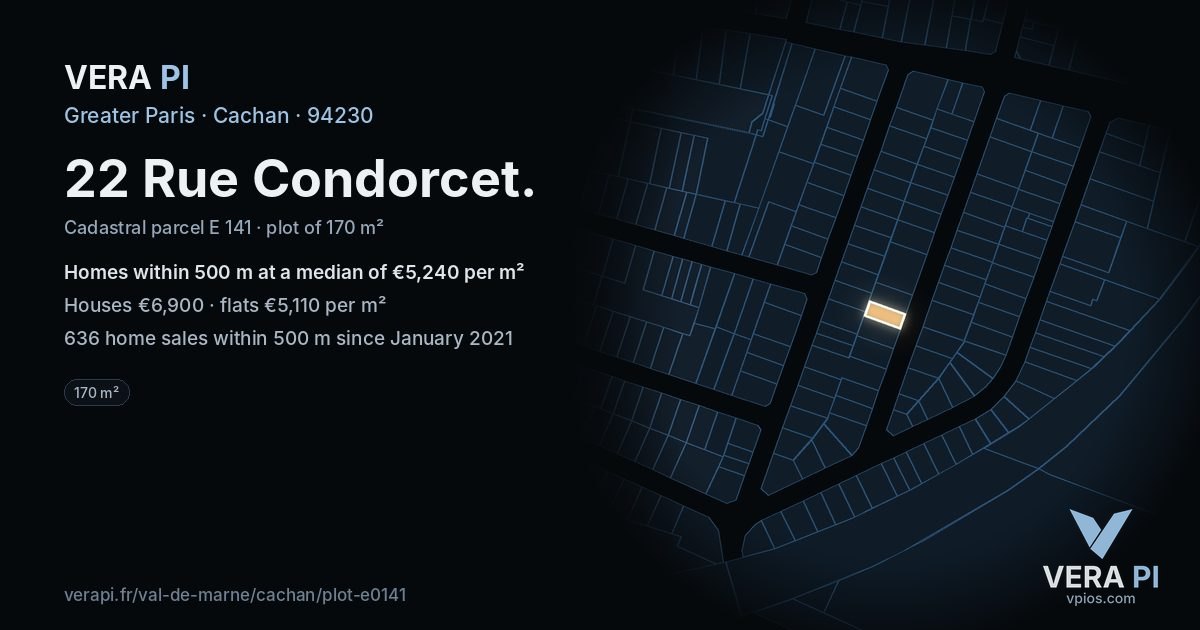 22 Rue Condorcet, Cachan at night – the plot lit, the parcels around coloured by the prices near them