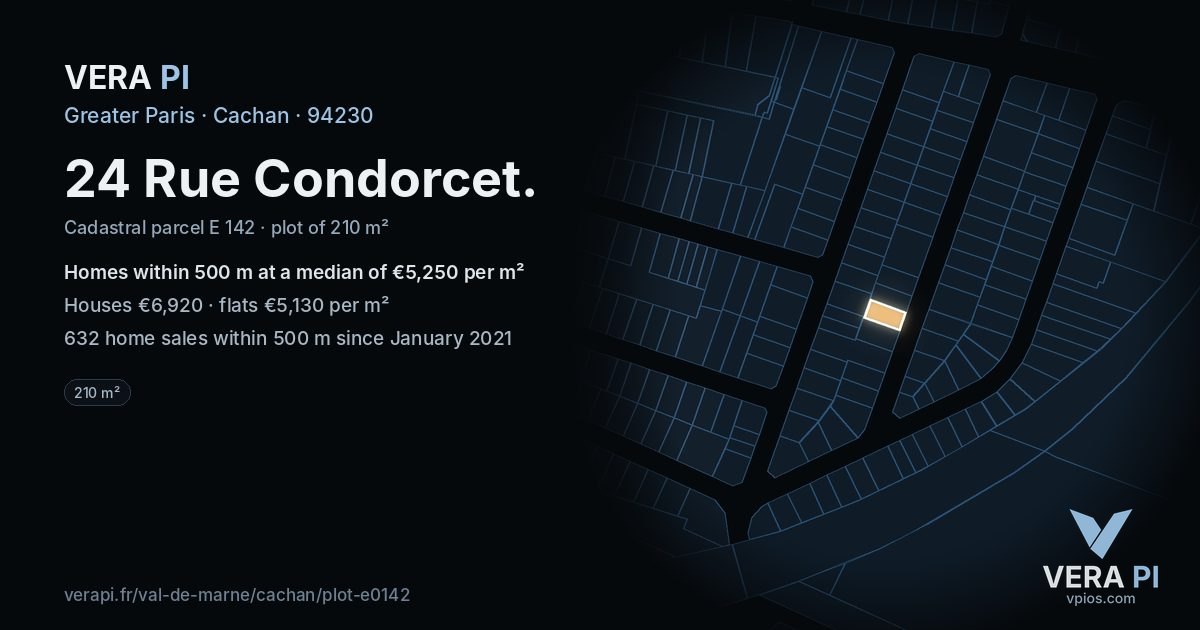 24 Rue Condorcet, Cachan at night – the plot lit, the parcels around coloured by the prices near them