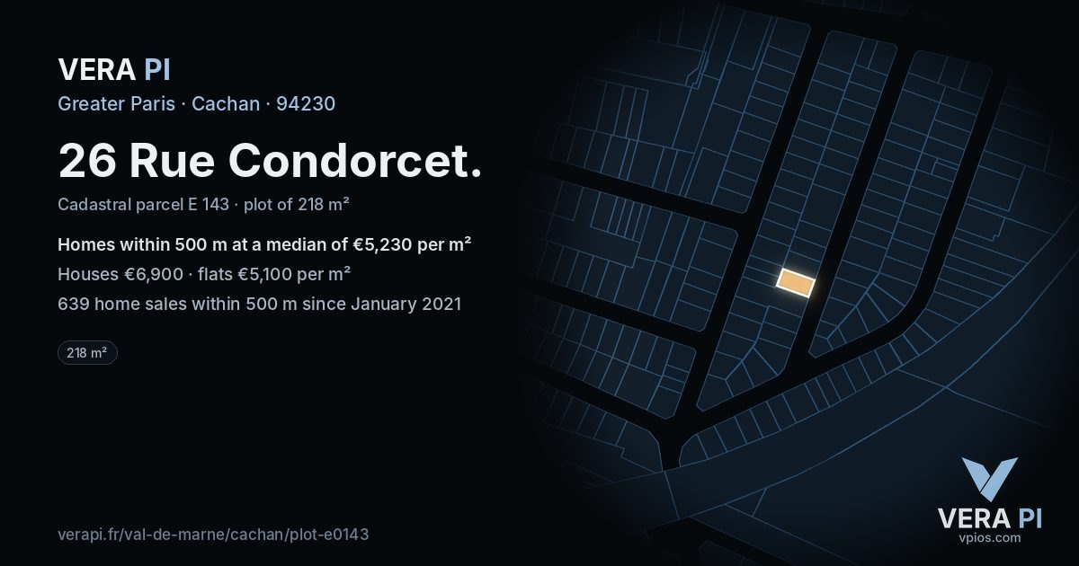 26 Rue Condorcet, Cachan at night – the plot lit, the parcels around coloured by the prices near them