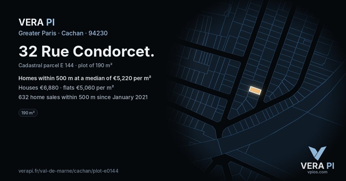 32 Rue Condorcet, Cachan at night – the plot lit, the parcels around coloured by the prices near them