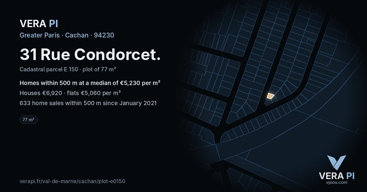 31 Rue Condorcet, Cachan at night – the plot lit, the parcels around coloured by the prices near them