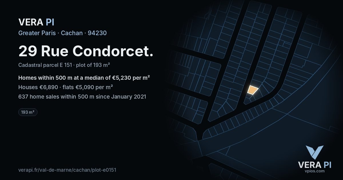 29 Rue Condorcet, Cachan at night – the plot lit, the parcels around coloured by the prices near them