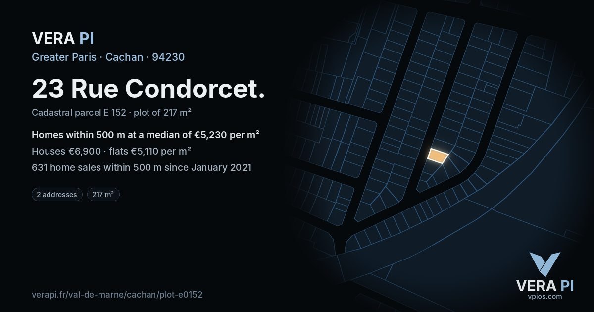 23 Rue Condorcet, Cachan at night – the plot lit, the parcels around coloured by the prices near them