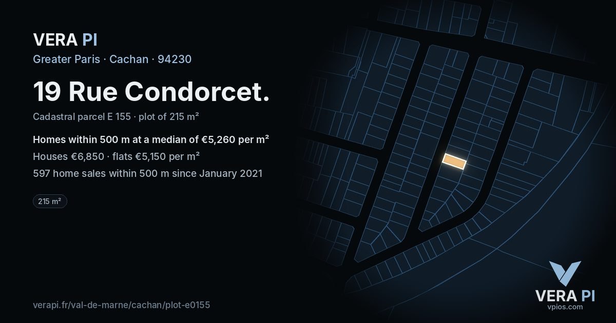 19 Rue Condorcet, Cachan at night – the plot lit, the parcels around coloured by the prices near them
