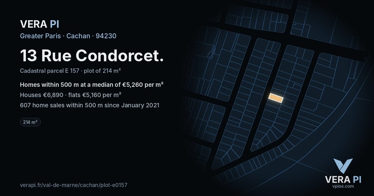 13 Rue Condorcet, Cachan at night – the plot lit, the parcels around coloured by the prices near them