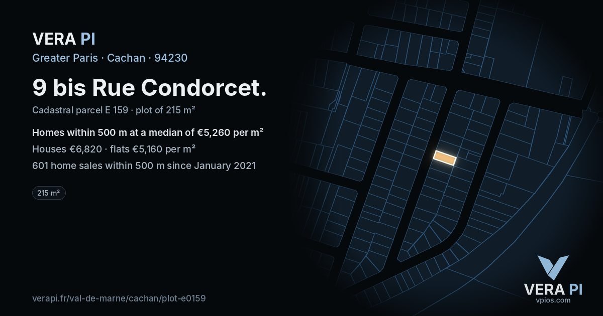9 bis Rue Condorcet, Cachan at night – the plot lit, the parcels around coloured by the prices near them