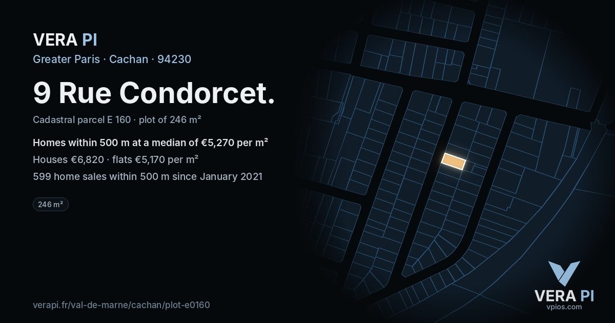 9 Rue Condorcet, Cachan at night – the plot lit, the parcels around coloured by the prices near them
