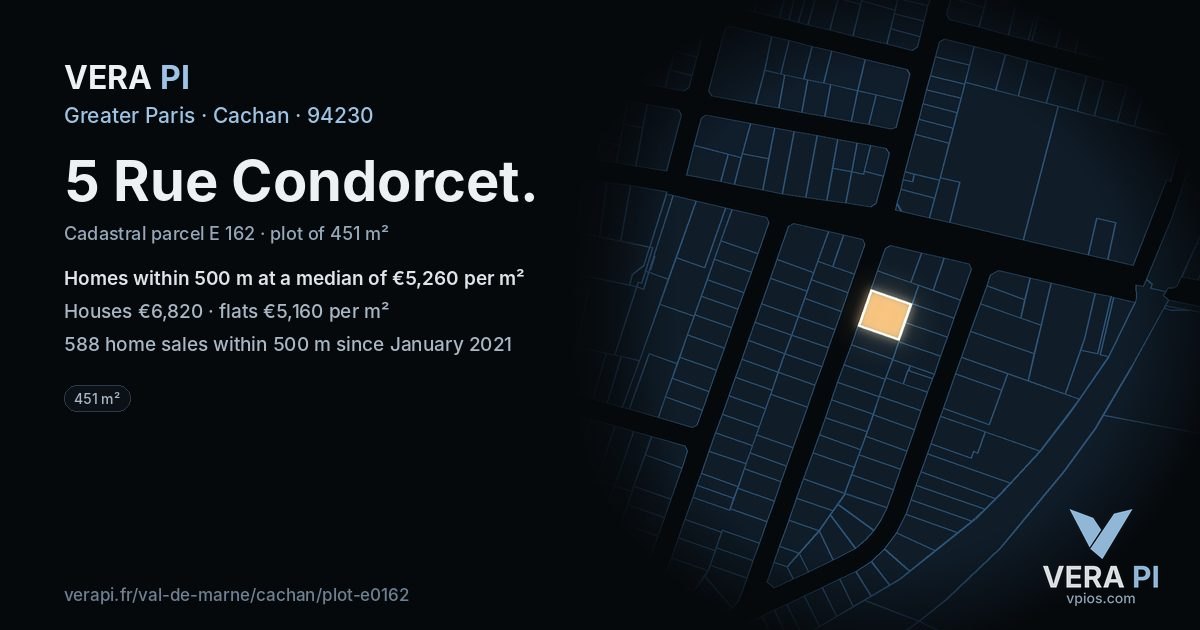 5 Rue Condorcet, Cachan at night – the plot lit, the parcels around coloured by the prices near them