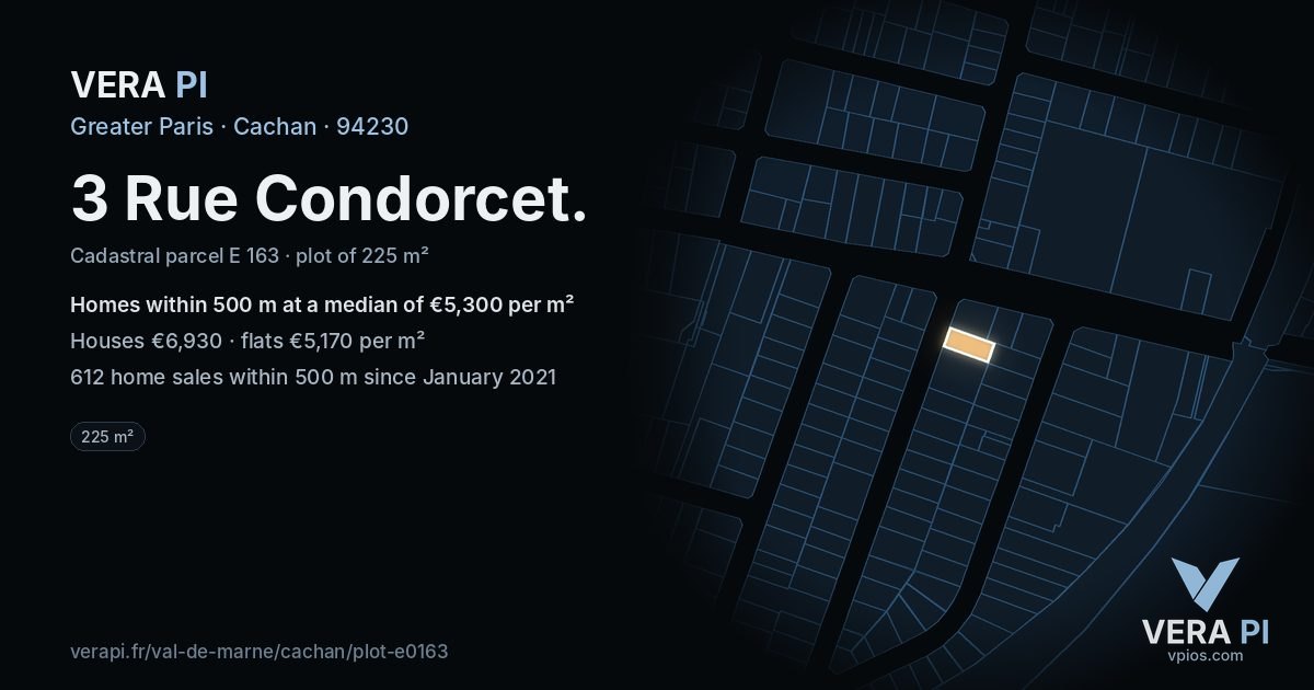 3 Rue Condorcet, Cachan at night – the plot lit, the parcels around coloured by the prices near them