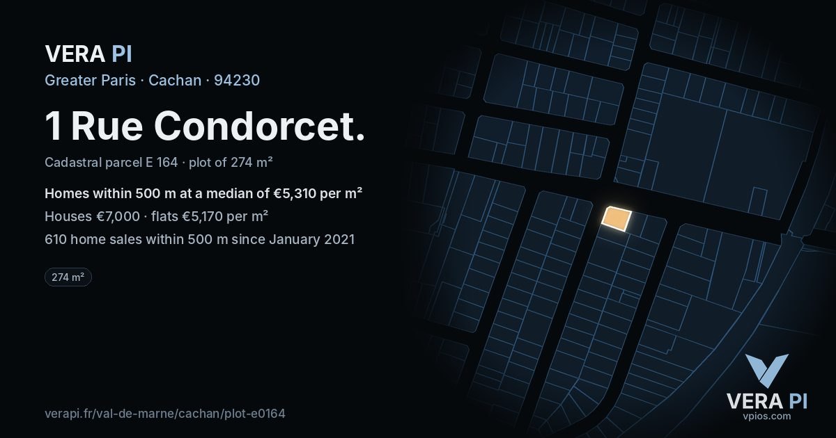 1 Rue Condorcet, Cachan at night – the plot lit, the parcels around coloured by the prices near them