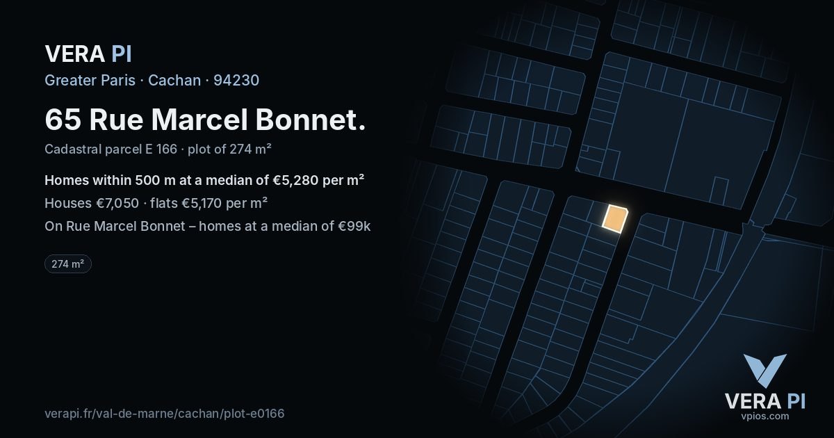65 Rue Marcel Bonnet, Cachan at night – the plot lit, the parcels around coloured by the prices near them