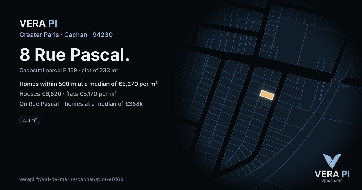 8 Rue Pascal, Cachan at night – the plot lit, the parcels around coloured by the prices near them