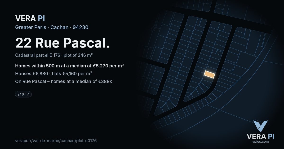 22 Rue Pascal, Cachan at night – the plot lit, the parcels around coloured by the prices near them