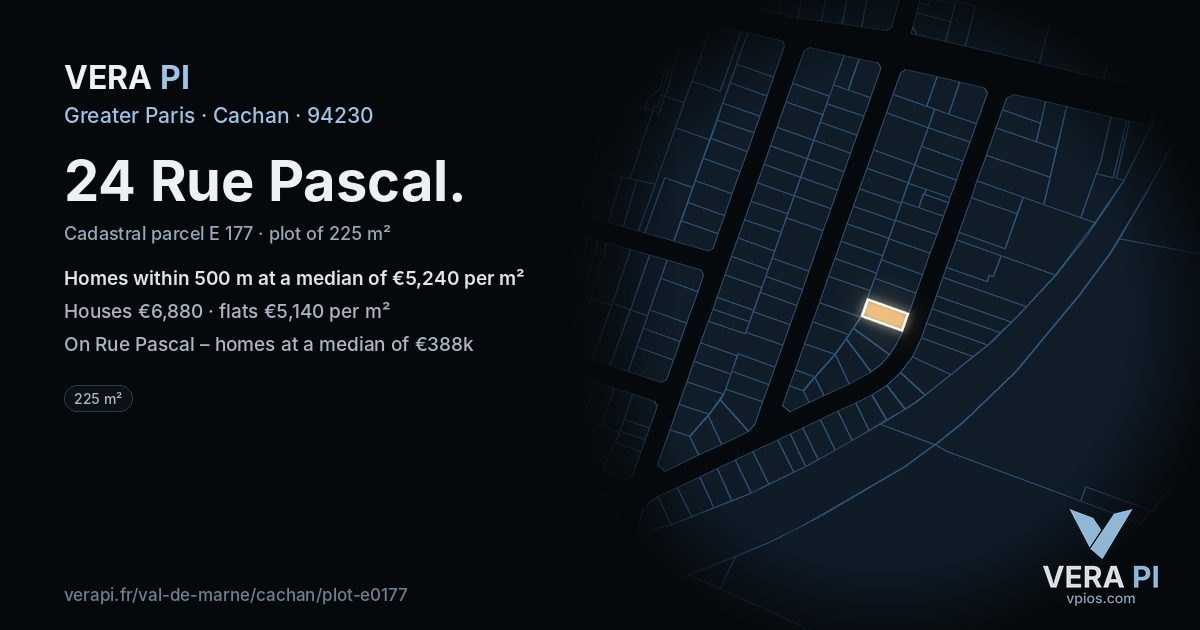 24 Rue Pascal, Cachan at night – the plot lit, the parcels around coloured by the prices near them
