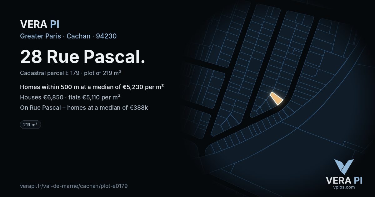 28 Rue Pascal, Cachan at night – the plot lit, the parcels around coloured by the prices near them