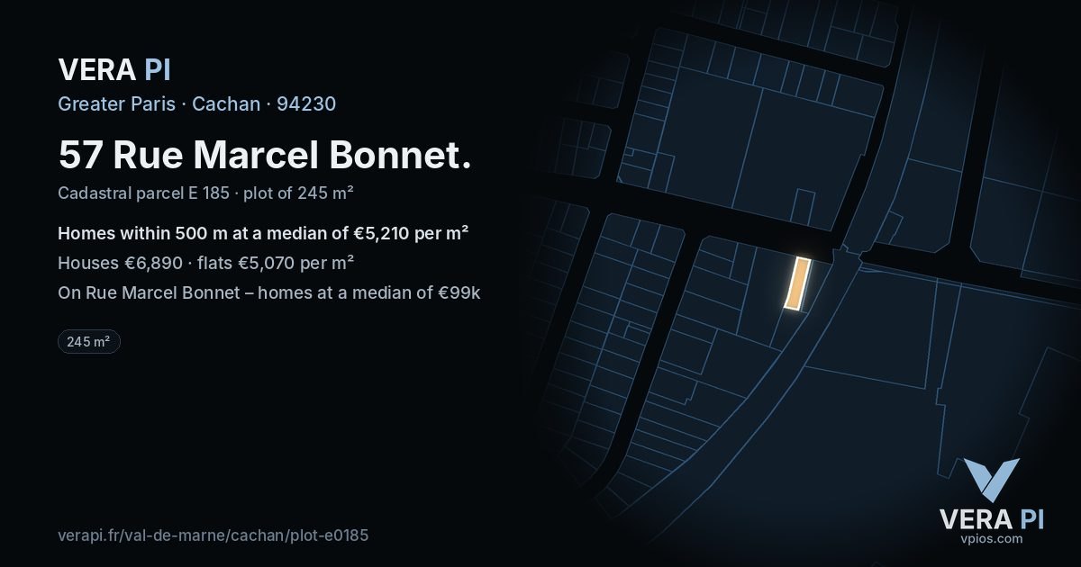 57 Rue Marcel Bonnet, Cachan at night – the plot lit, the parcels around coloured by the prices near them