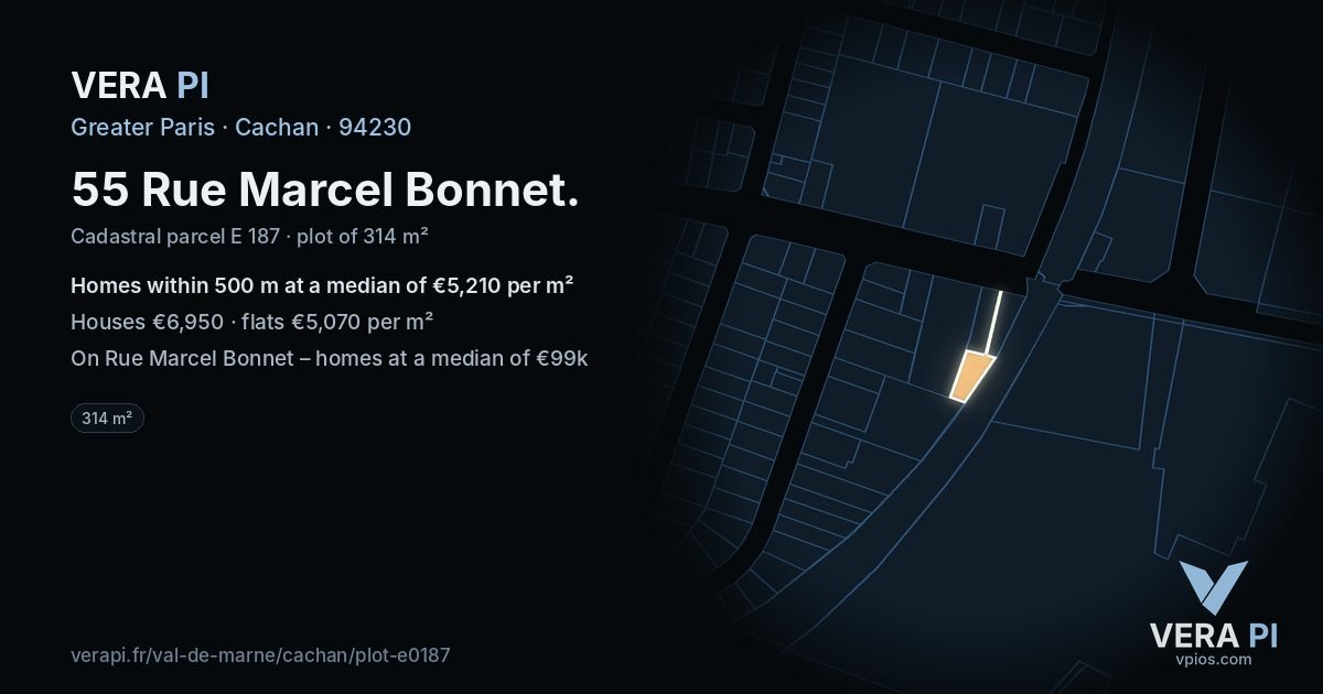 55 Rue Marcel Bonnet, Cachan at night – the plot lit, the parcels around coloured by the prices near them