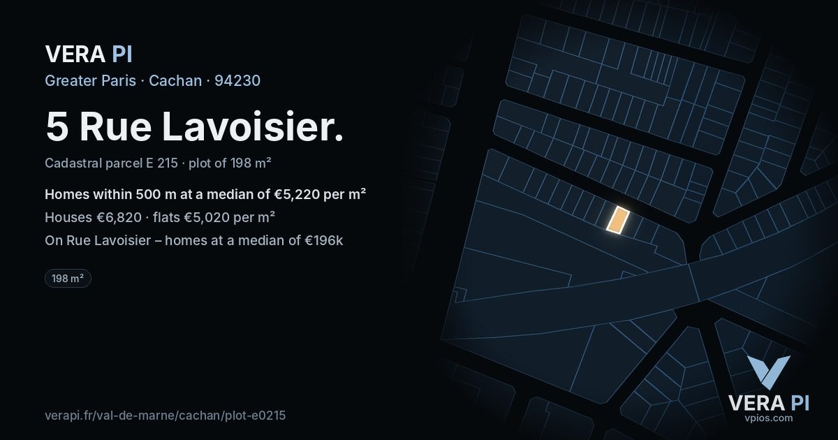 5 Rue Lavoisier, Cachan at night – the plot lit, the parcels around coloured by the prices near them