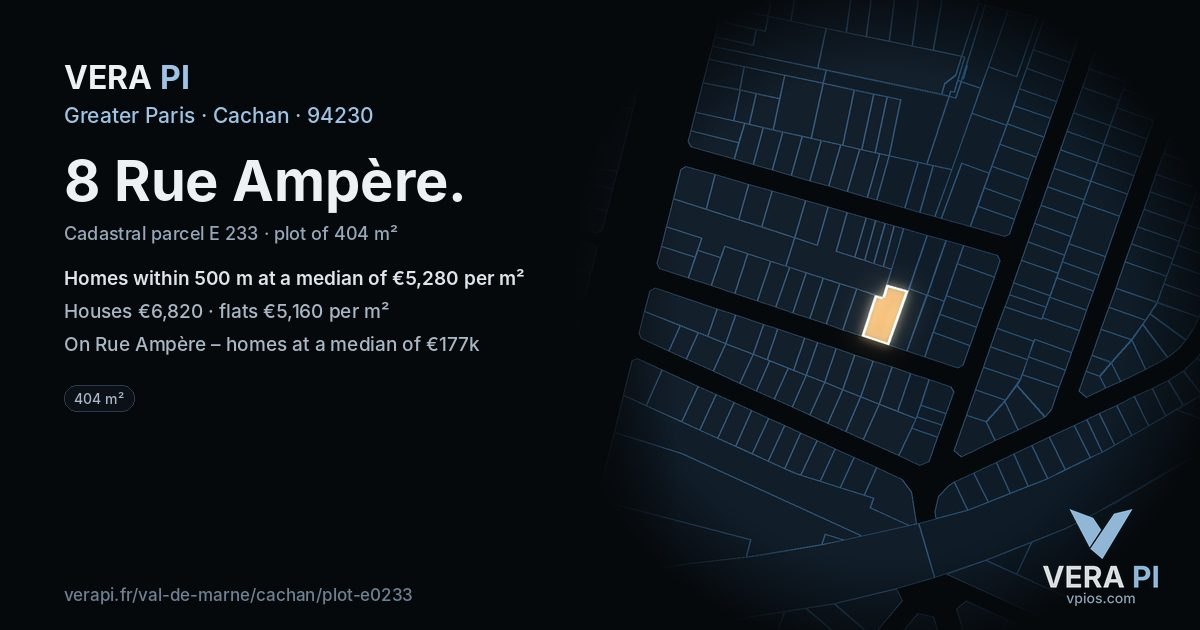 8 Rue Ampère, Cachan at night – the plot lit, the parcels around coloured by the prices near them
