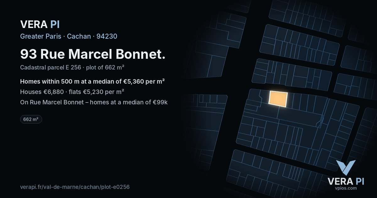 93 Rue Marcel Bonnet, Cachan at night – the plot lit, the parcels around coloured by the prices near them
