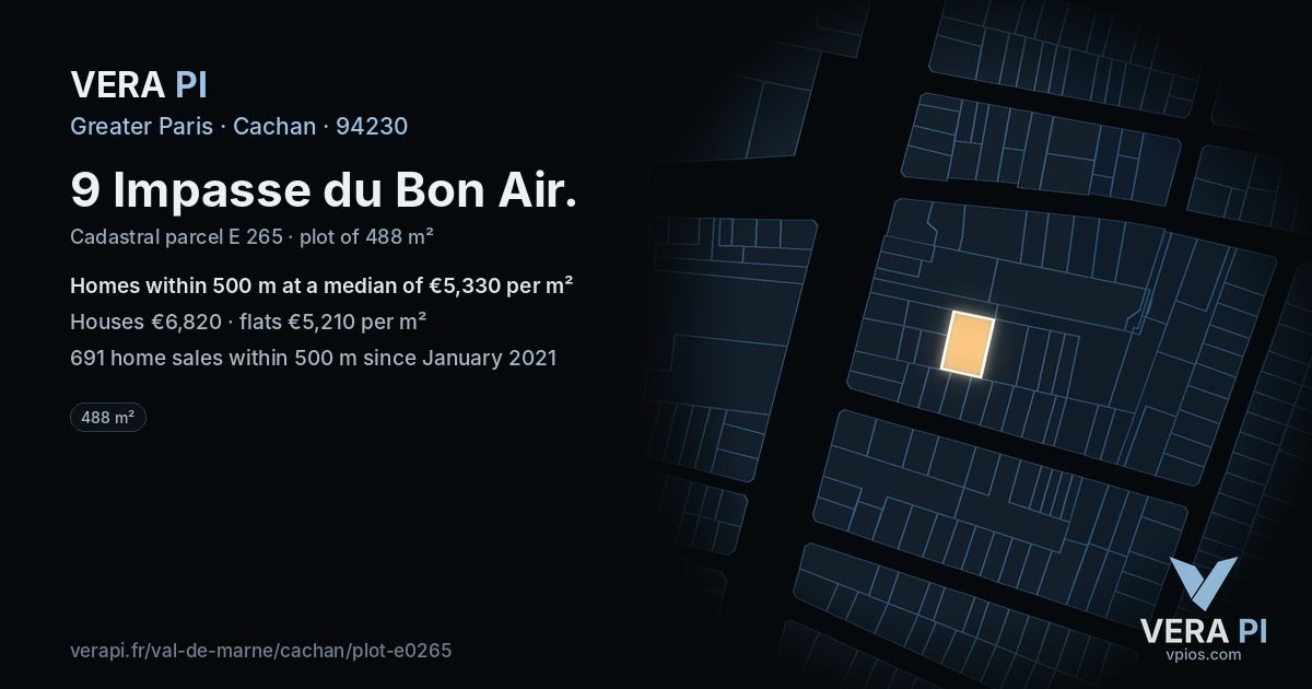 9 Impasse du Bon Air, Cachan at night – the plot lit, the parcels around coloured by the prices near them