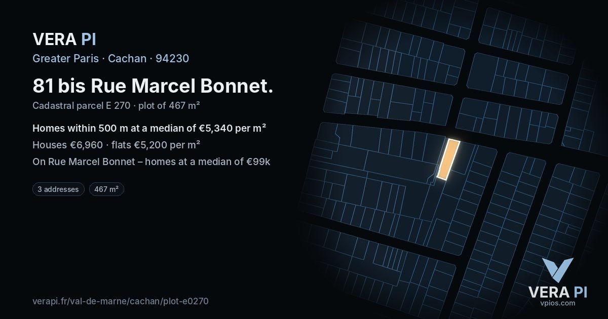 81 bis Rue Marcel Bonnet, Cachan at night – the plot lit, the parcels around coloured by the prices near them