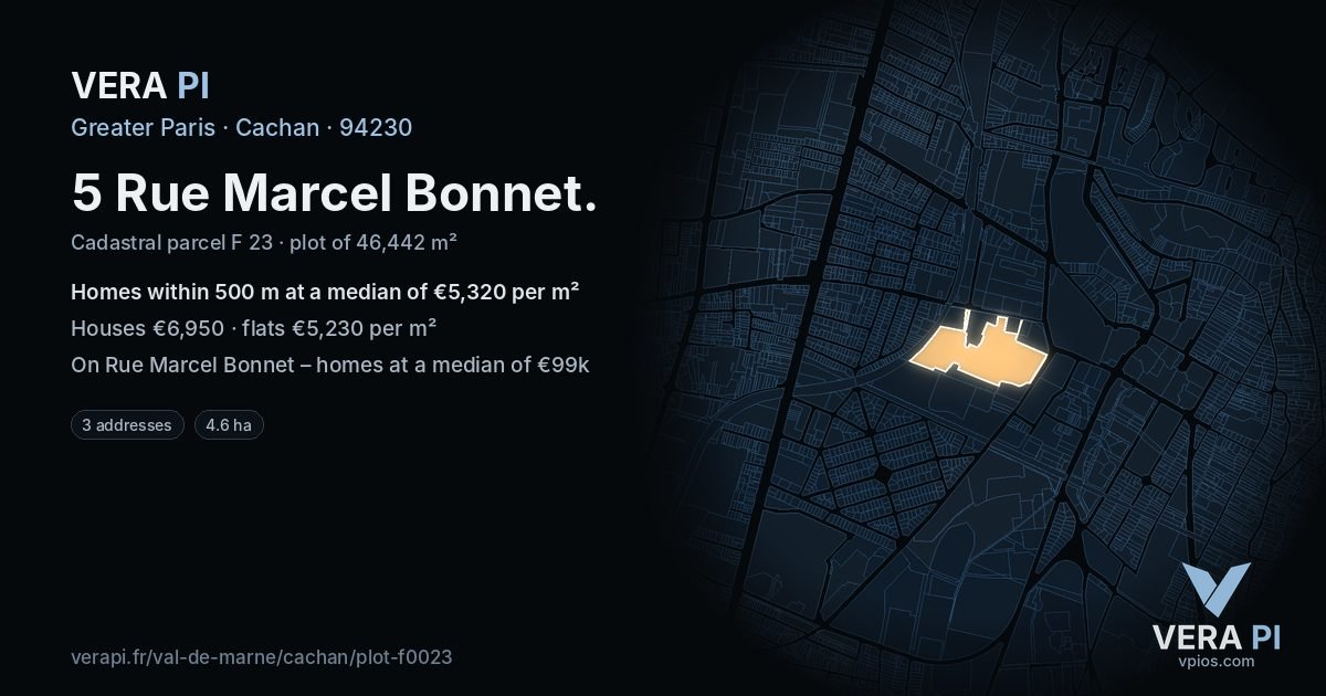 5 Rue Marcel Bonnet, Cachan at night – the plot lit, the parcels around coloured by the prices near them