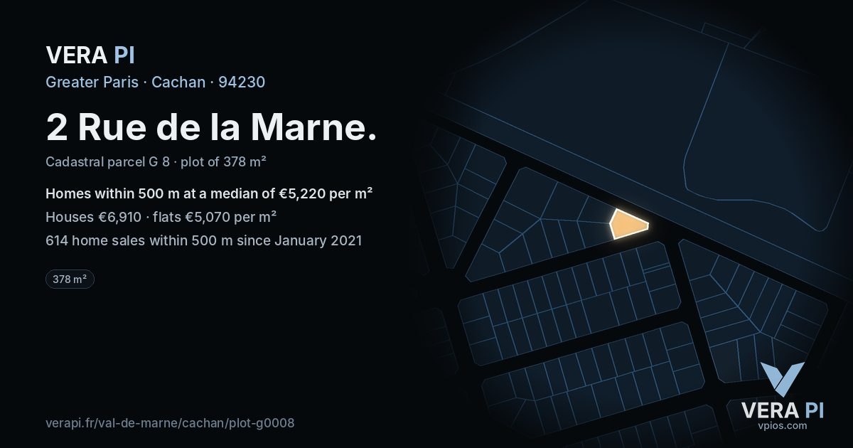 2 Rue de la Marne, Cachan at night – the plot lit, the parcels around coloured by the prices near them