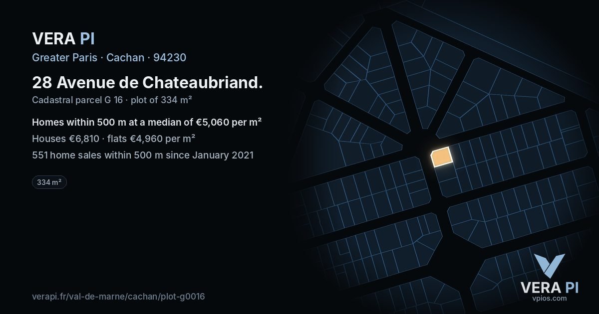 28 Avenue de Chateaubriand, Cachan at night – the plot lit, the parcels around coloured by the prices near them