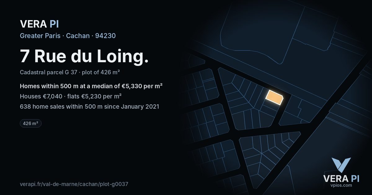 7 Rue du Loing, Cachan at night – the plot lit, the parcels around coloured by the prices near them