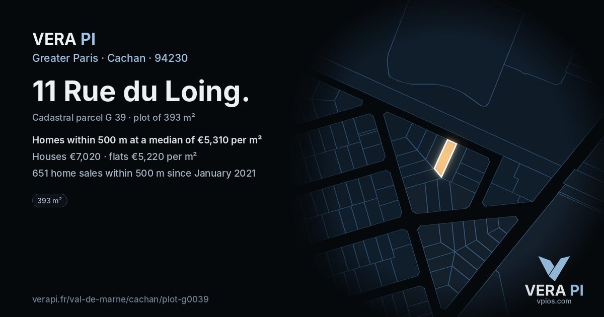11 Rue du Loing, Cachan at night – the plot lit, the parcels around coloured by the prices near them