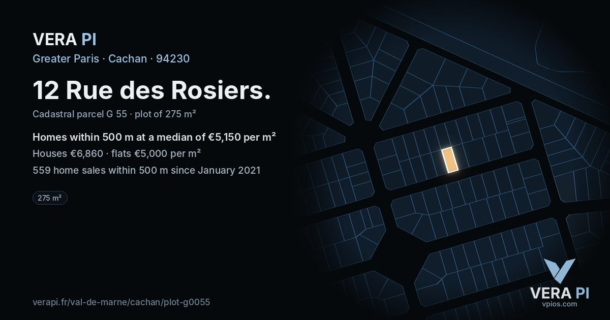 12 Rue des Rosiers, Cachan at night – the plot lit, the parcels around coloured by the prices near them