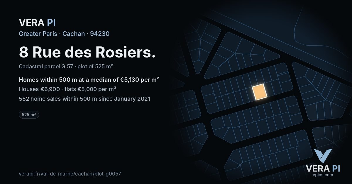 8 Rue des Rosiers, Cachan at night – the plot lit, the parcels around coloured by the prices near them