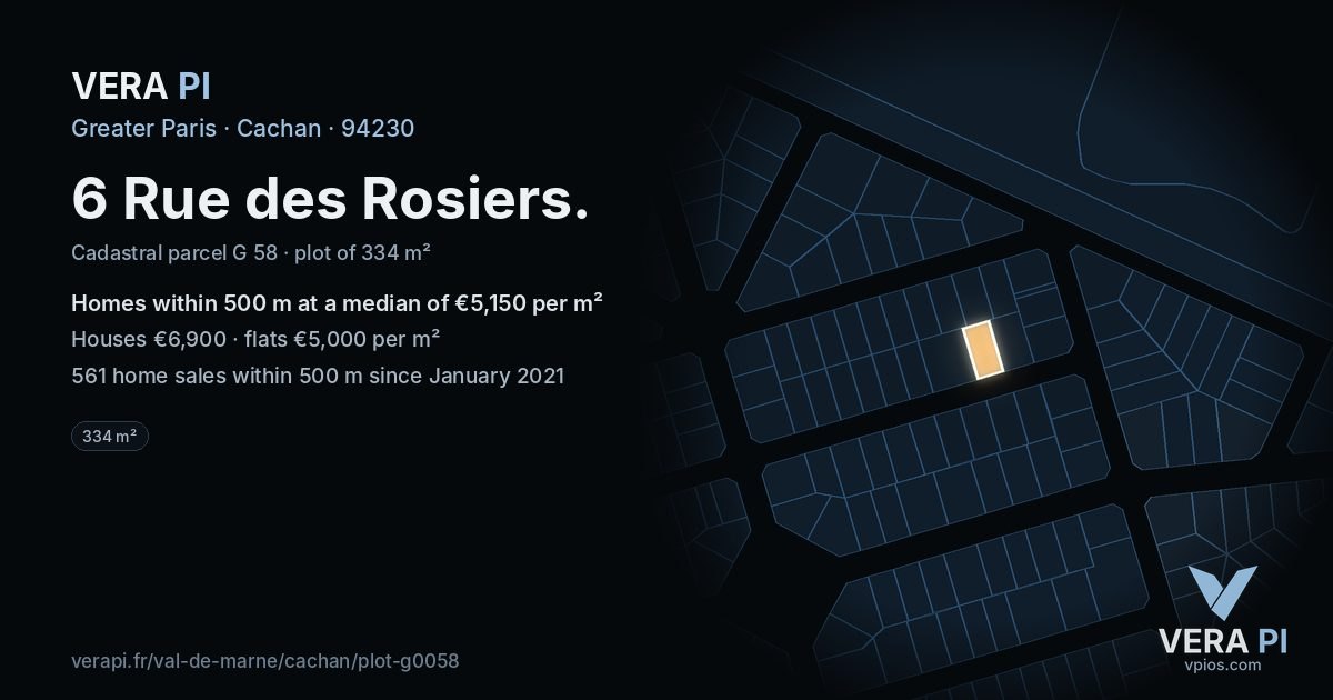 6 Rue des Rosiers, Cachan at night – the plot lit, the parcels around coloured by the prices near them