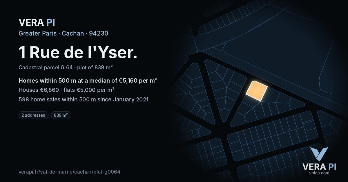 1 Rue de l'Yser, Cachan at night – the plot lit, the parcels around coloured by the prices near them