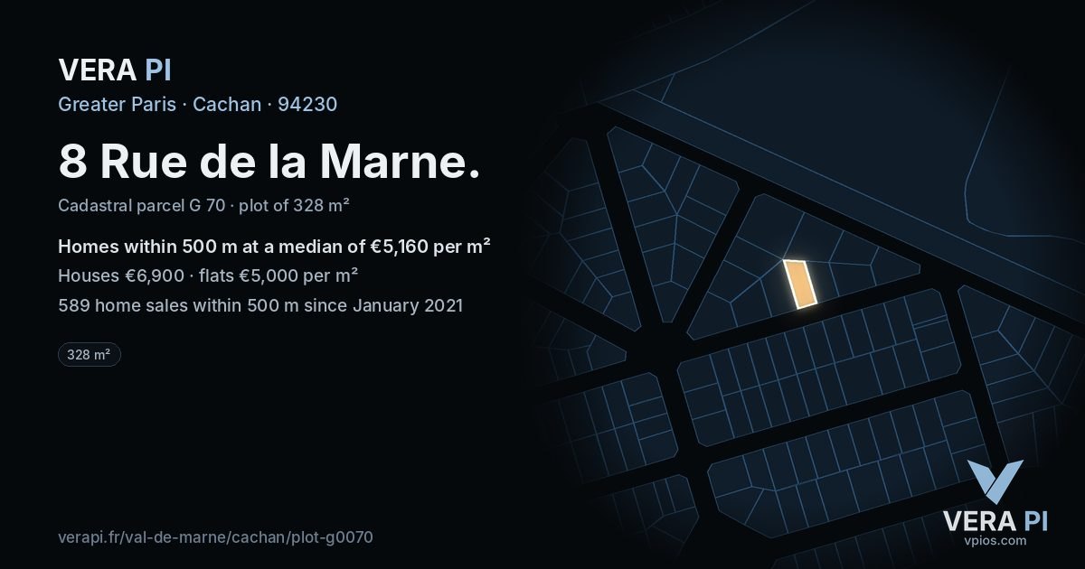 8 Rue de la Marne, Cachan at night – the plot lit, the parcels around coloured by the prices near them