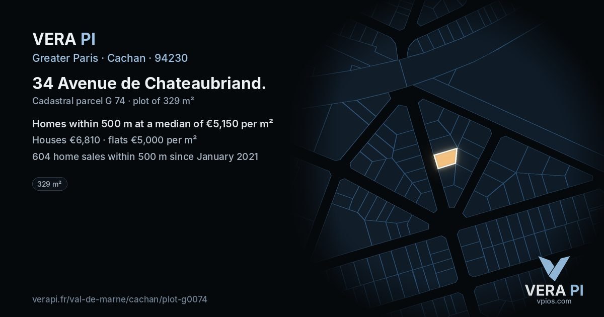 34 Avenue de Chateaubriand, Cachan at night – the plot lit, the parcels around coloured by the prices near them