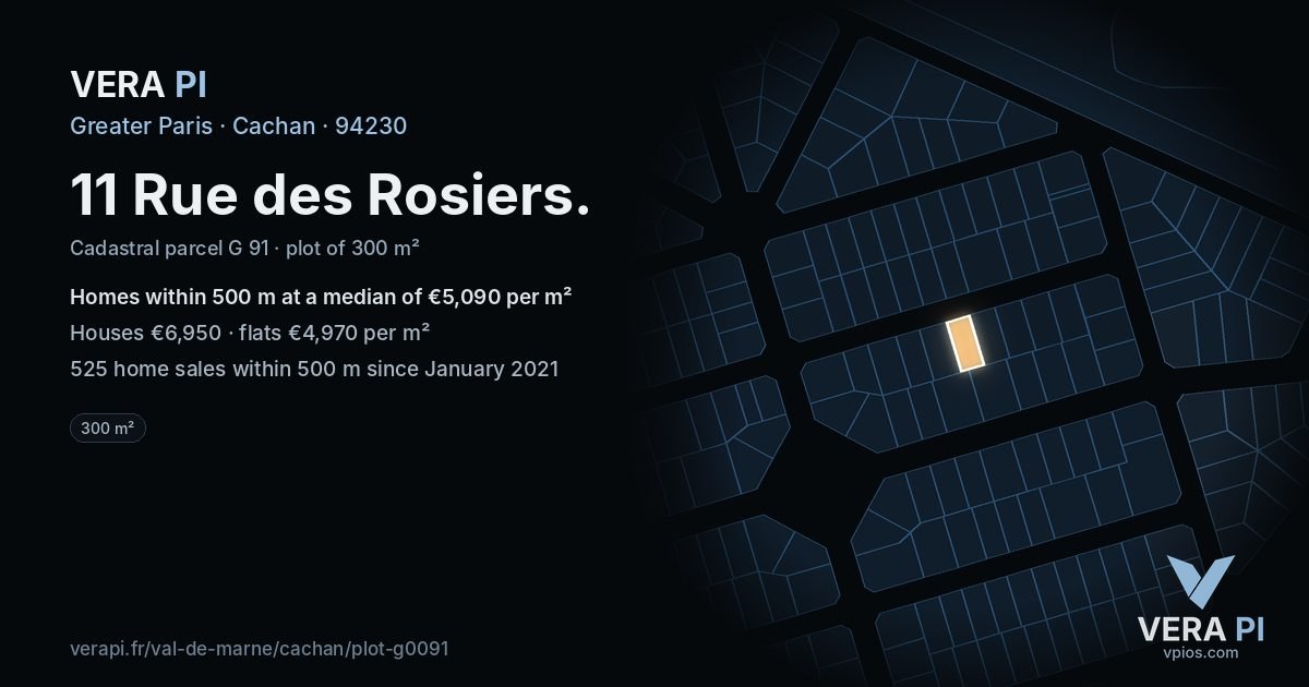 11 Rue des Rosiers, Cachan at night – the plot lit, the parcels around coloured by the prices near them