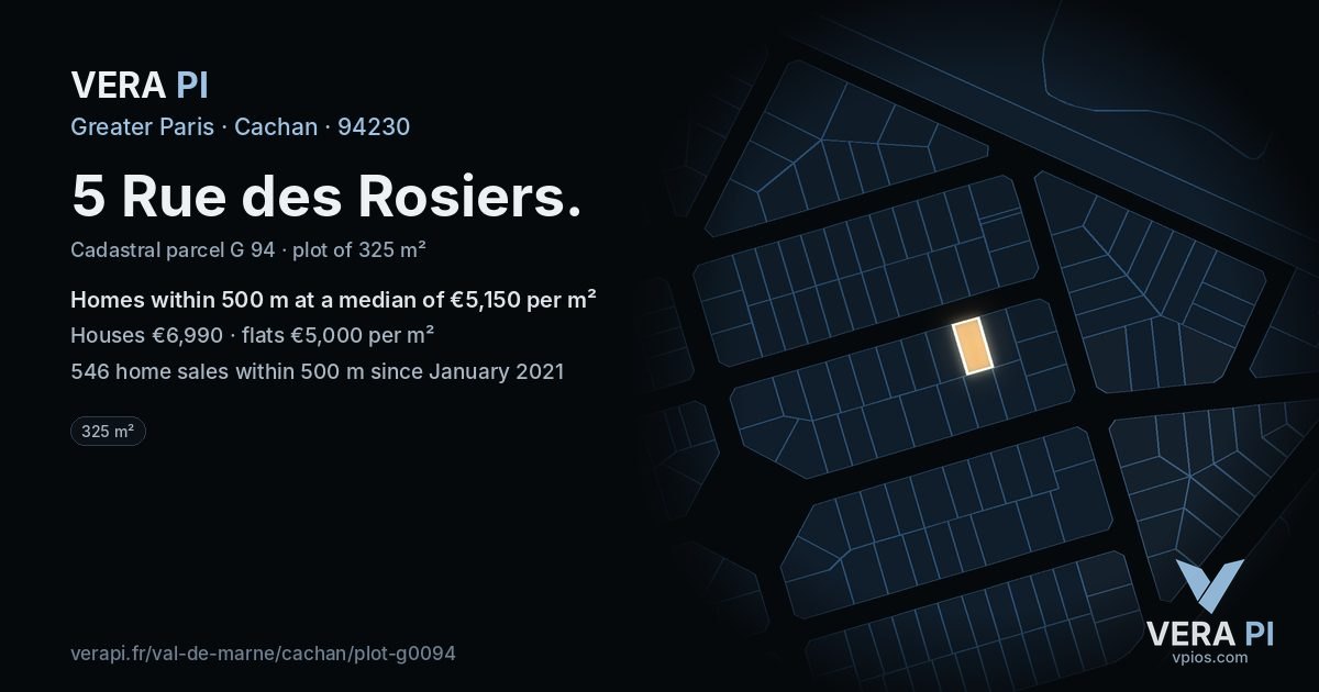 5 Rue des Rosiers, Cachan at night – the plot lit, the parcels around coloured by the prices near them