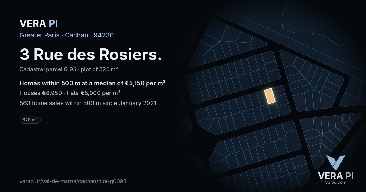 3 Rue des Rosiers, Cachan at night – the plot lit, the parcels around coloured by the prices near them