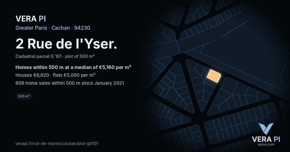 2 Rue de l'Yser, Cachan at night – the plot lit, the parcels around coloured by the prices near them